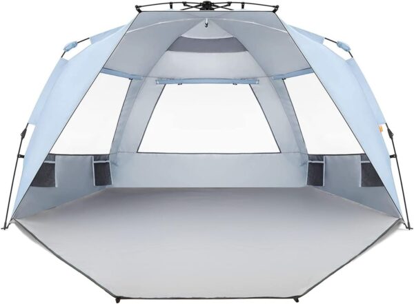 Enhanced Deluxe XL Beach Tent Easy Setup 4-6 Person Popup Sun Shelter 99" Wide for Family UPF 50+ Double Silver Coating with Extended Zippered Porch Sky Blue
