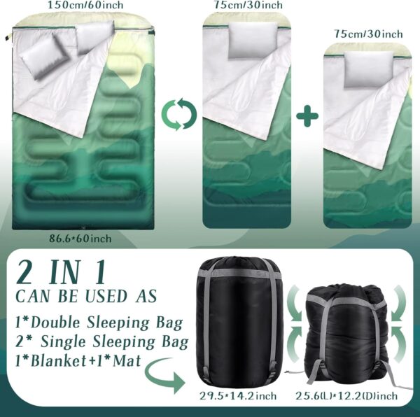 Double Sleeping Bag for Adults with Pillow Queen Size Waterproof Two Person Sleeping Bag for Outdoor Camping Hiking Backpacking All Season Cold Warm Weather - Image 2