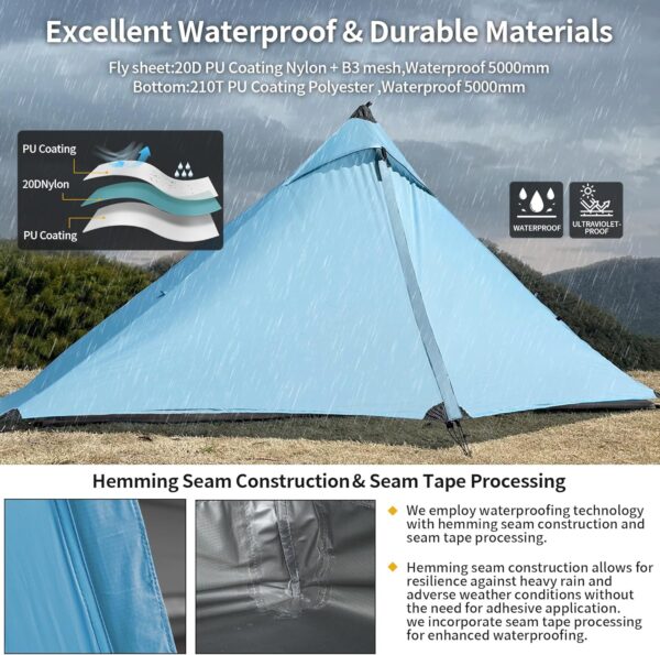 Ultralight,1 Person,Backpacking Camping Tent,Trekking Pole Tent,4-Season,Lightweight,Nylon,Waterproof 5000mm,Compact,Easy Setup,Portable,Shelter for Camping,Hiking,Climbing. - Image 2